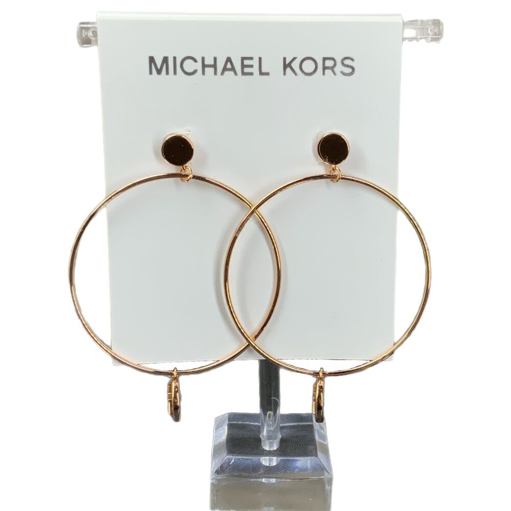 NEW! Michael Kors Charm Dangle Large Hoop Earrings Pave Crystals Rose Gold MK - Picture 8 of 15
